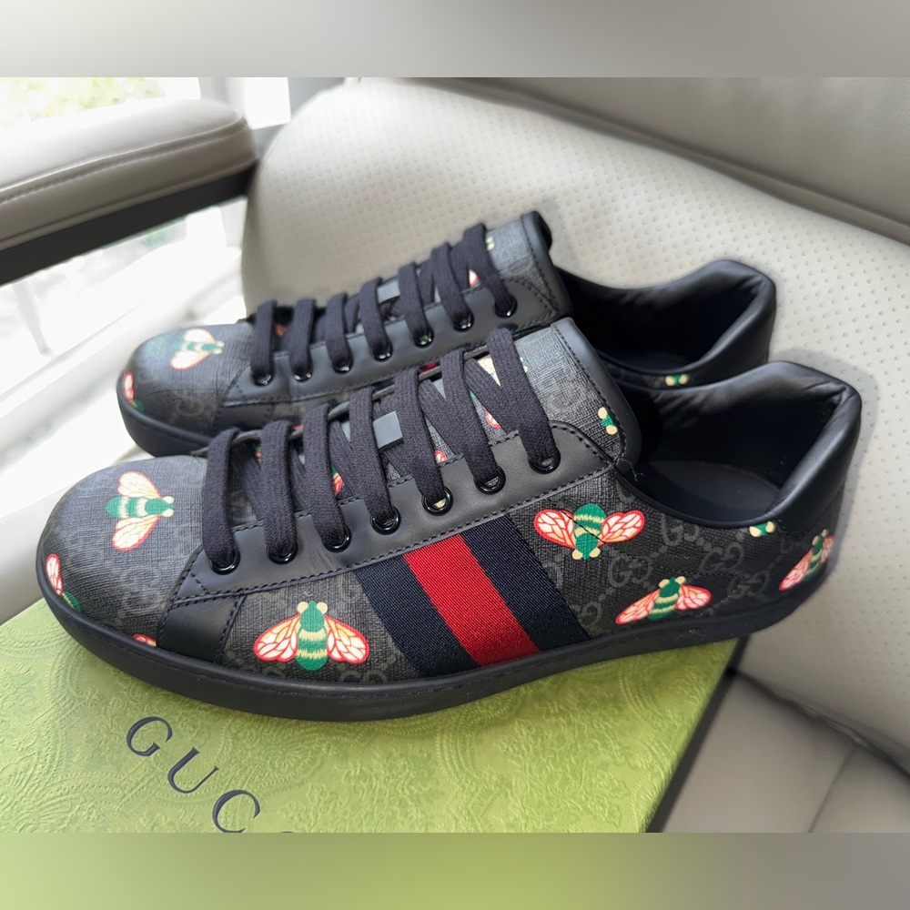 Gucci Ace Black GG Monogram Bee Print
